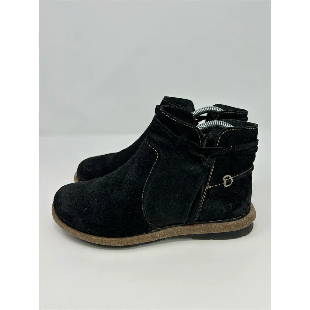 Børn Women's Black Suede Ankle Booties Side Zip Buckle Comfort Lug Sole Size 7.5